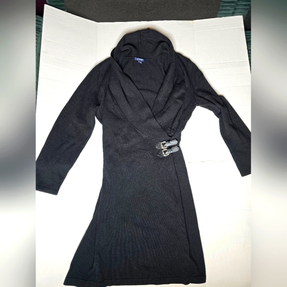 Chaps Black Wrap Dress with Buckle Detail